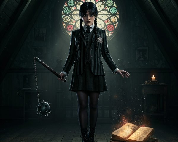 Young girl with spiked mace in dim attic setting