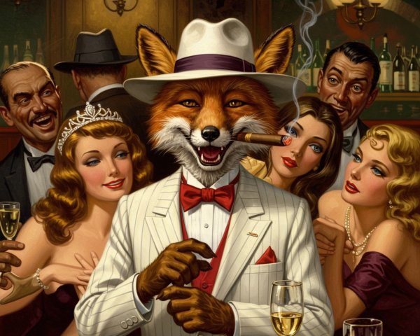 Vintage Bar Scene with Dapper Fox in White Suit
