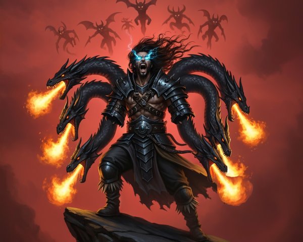 Warrior in Dark Armor Summoning Fire-Breathing Dragons