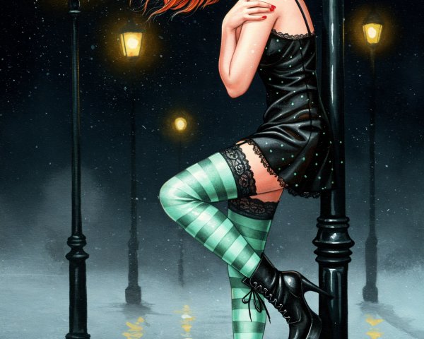 Whimsical Illustration of Girl by Moonlit Streetlamp