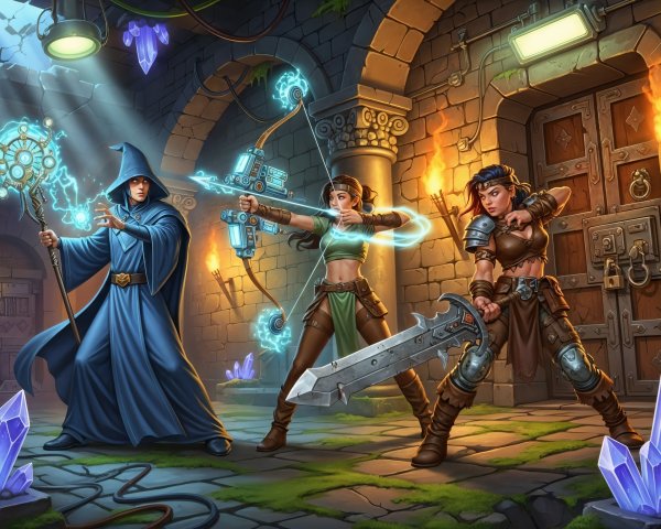 Wizard, Archer, and Warrior in Stone Archway Scene