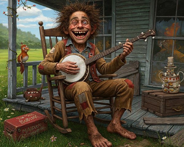 Whimsical Man Playing Banjo on Rustic Porch