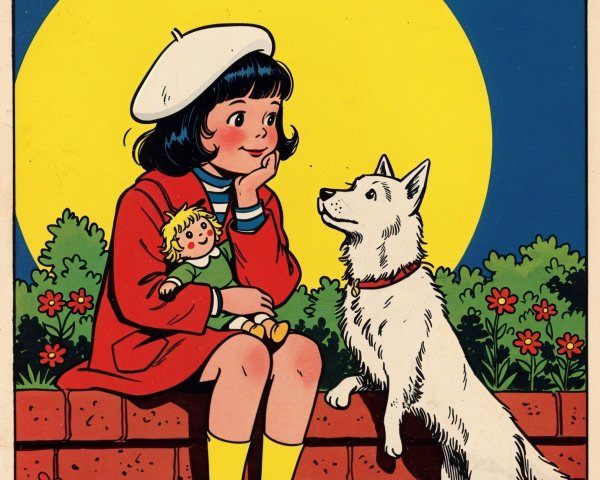 Cheerful girl in red coat with dog and flowers