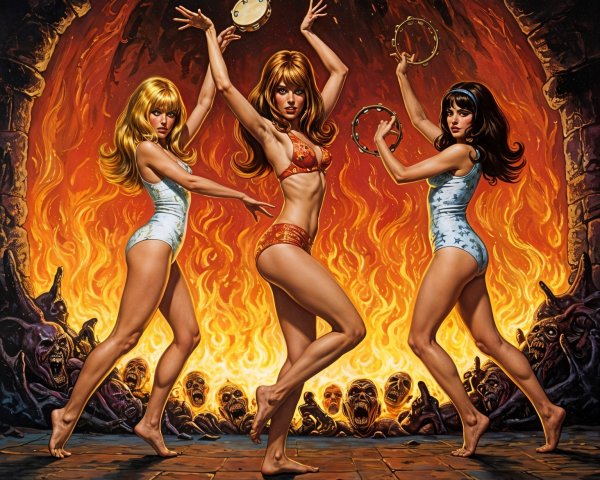 Glamorous Women in Vintage Swimsuits Amid Flames
