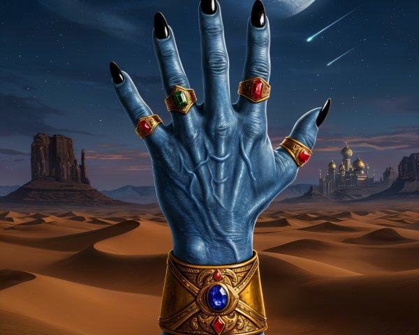 Blue Hand with Rings in Desert Under Full Moon