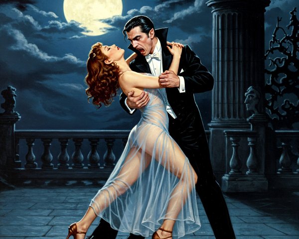 Vampiric Dance Under Moonlight in Gothic Setting