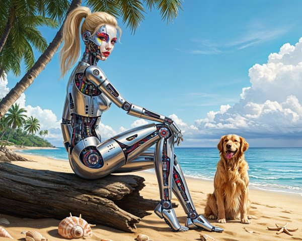 Futuristic Robot Woman on Beach with Golden Retriever