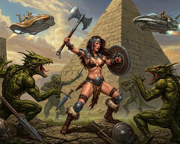 Warrior Woman Confronts Reptilian Creatures Near Pyramid