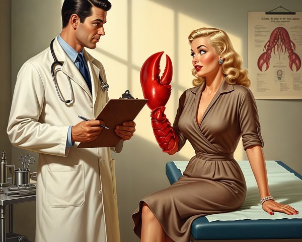 Vintage Scene of Woman with Lobster and Doctor