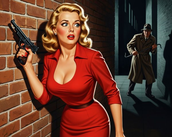 Glamorous Woman in Red Dress with Pistol in Alley