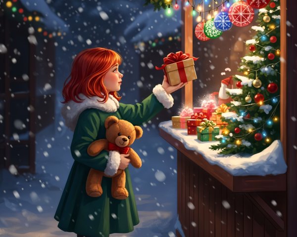 Whimsical Winter Scene with Girl and Market Stall