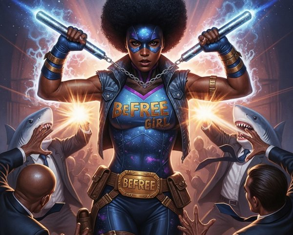 Superheroine with Electric Batons and Sharks Surrounding