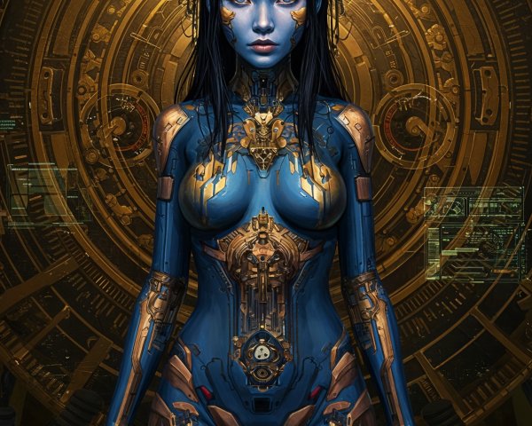 Futuristic Blue-Skinned Humanoid with Mechanical Elements
