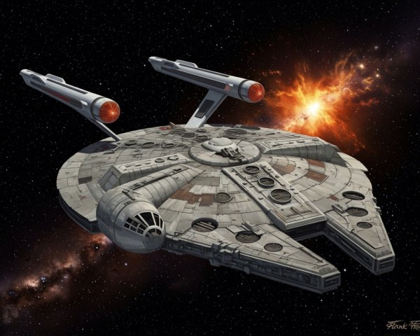 Futuristic spacecraft in deep space with glowing engines