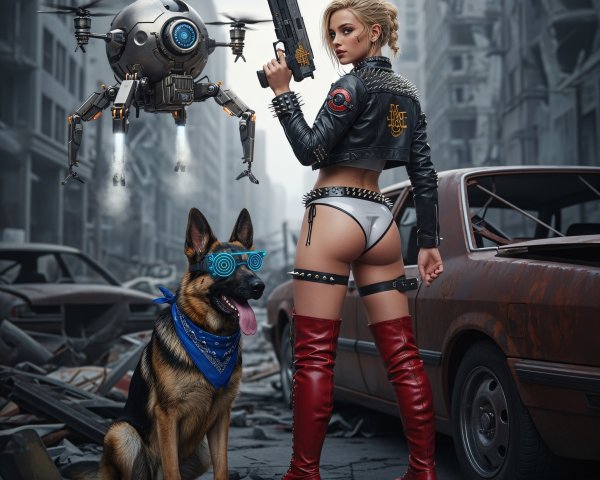Post-Apocalyptic Scene with Woman and Robotic Companion
