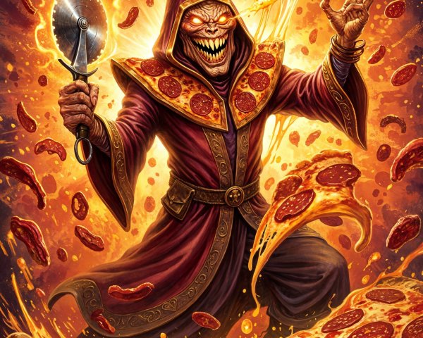 Sinister Figure in Red Robe Wielding Pizza Cutter