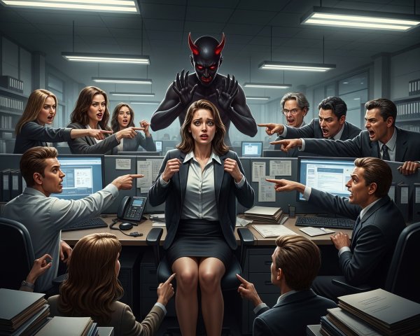 Surreal Scene of Terrified Woman in Office Setting