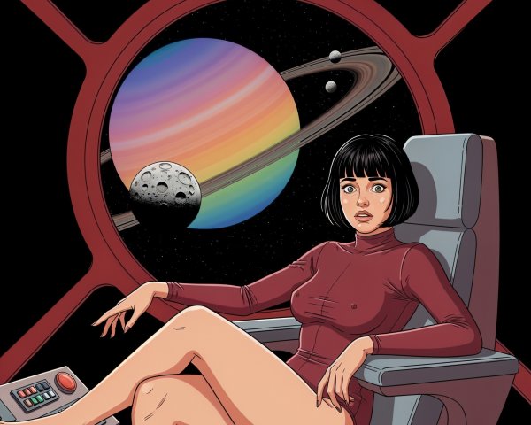 Woman in red bodysuit in spaceship with starry view