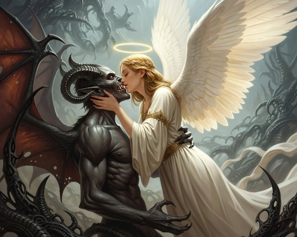 Angel and Demon Embrace in Ethereal Scene