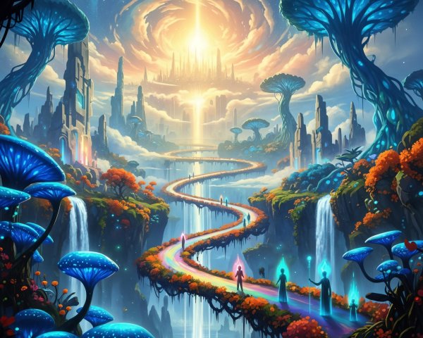 Winding Path to a Golden City with Waterfalls and Trees