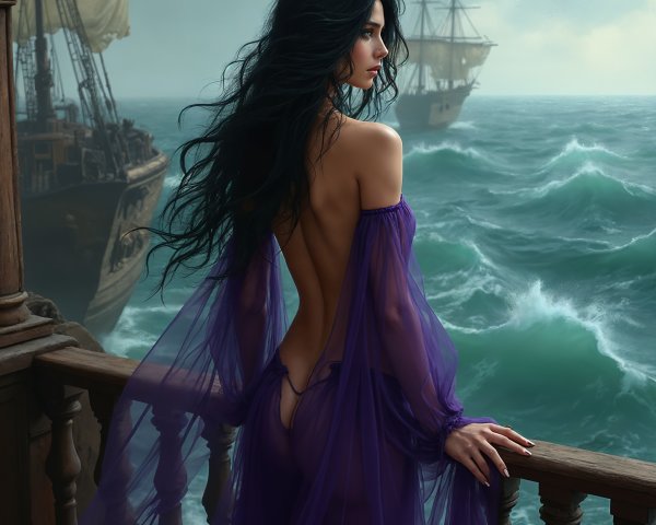 Mysterious Woman on Balcony Overlooking Turbulent Sea