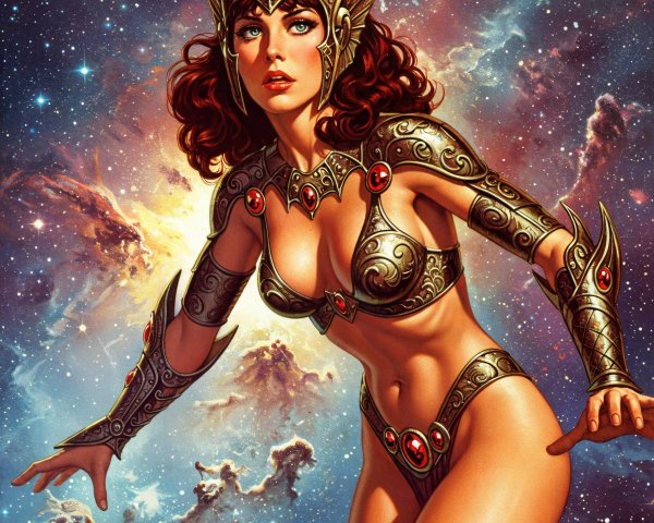 Fierce Warrior Woman in Cosmic Galaxy Setting