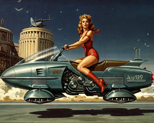 Woman in red outfit on futuristic hover vehicle