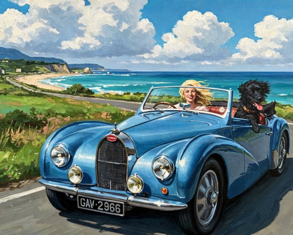 Cheerful woman and black dog in vintage convertible
