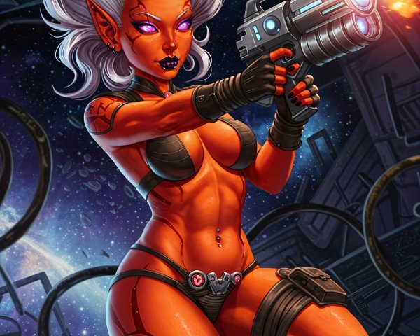 Futuristic Character with Orange Skin and Sci-Fi Setting