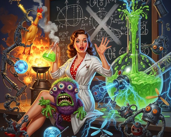 Colorful Laboratory Scene with Scientist and Creatures