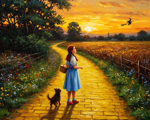 Young girl in blue dress on golden path with dog