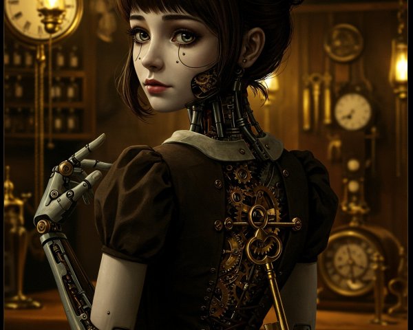 Steampunk Girl in Vintage Clock Room Setting