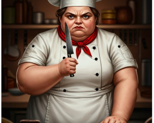 Stern Female Chef in White Uniform at Kitchen Counter