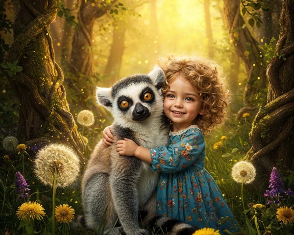 Child and Lemur in a Sunlit Forest Glade