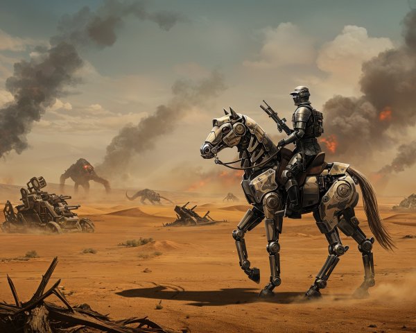 Futuristic robotic knight in a desolate landscape