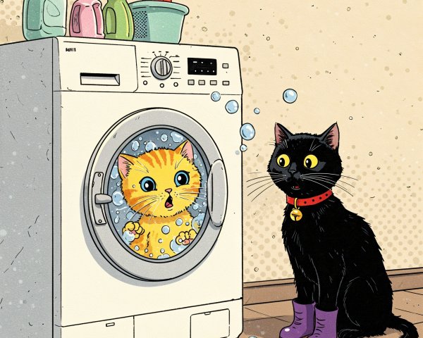 Cartoon Scene of Kittens by a Bubbling Washing Machine