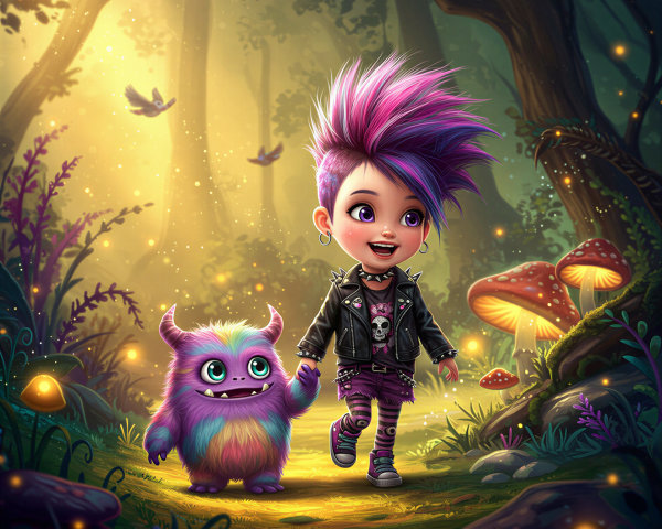 Whimsical Forest Scene with Child and Colorful Monster