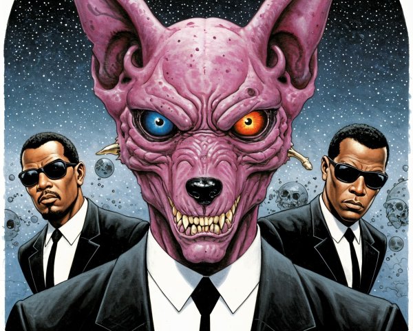 Surreal Scene with Sinister Creature and Men in Suits
