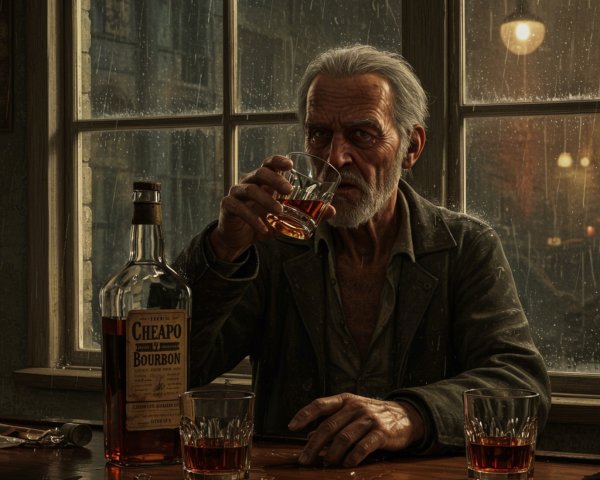 Weathered Man at Bar with Bourbon and Rainy Window