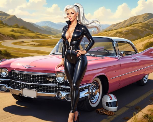 Glamorous Woman in Black Catsuit by Vintage Cadillac