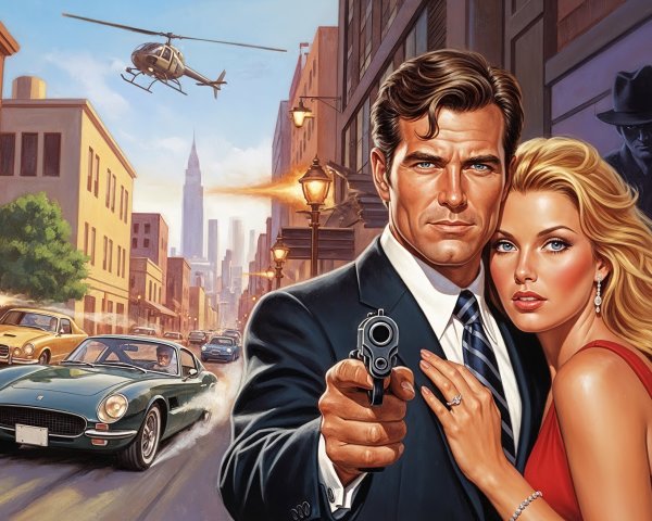 Vintage Pulp Fiction Style Illustration with Dramatic Scene