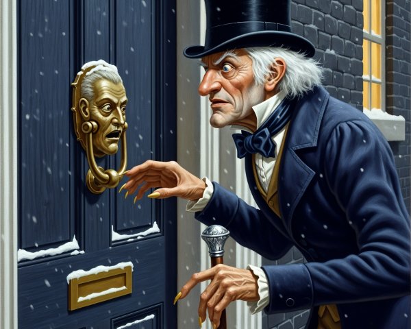 Sinister Figure at Dark Snow-Covered Door with Knocker