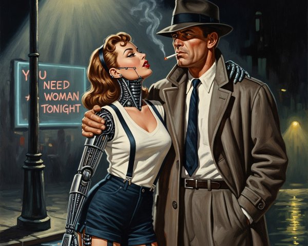 Film Noir Style Painting of Man and Robotic Woman