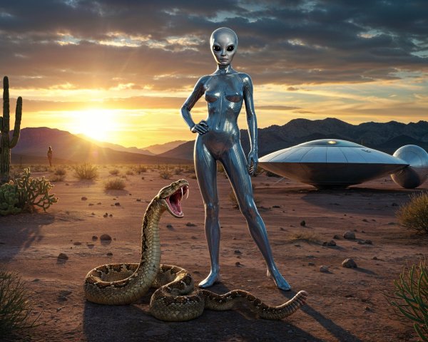 Alien Figure in Desert Landscape at Sunset