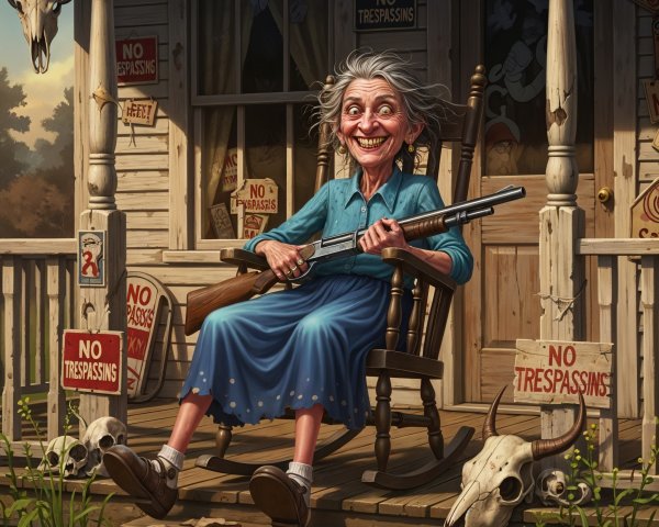 Elderly Woman on Porch with Rifle and Warning Signs
