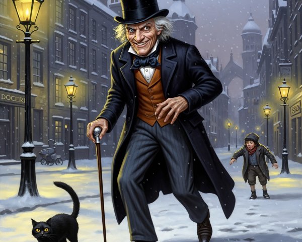 Victorian Street Scene with Gas Lamps and Snow