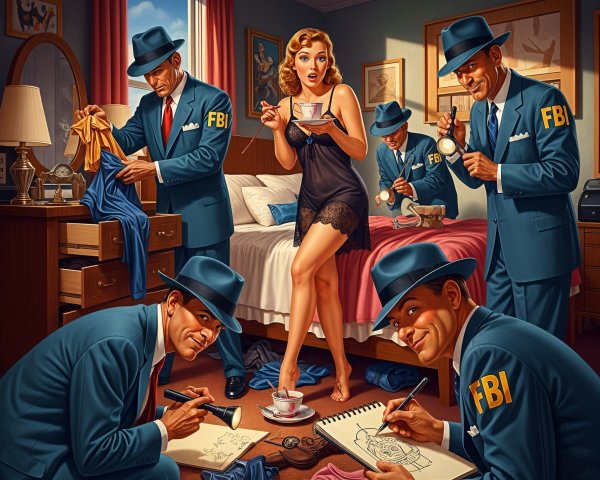 Vintage Hotel Room with FBI Agents Examining Clues
