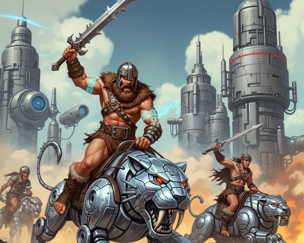 Futuristic Warriors on Robotic Lions Amid Skyscrapers