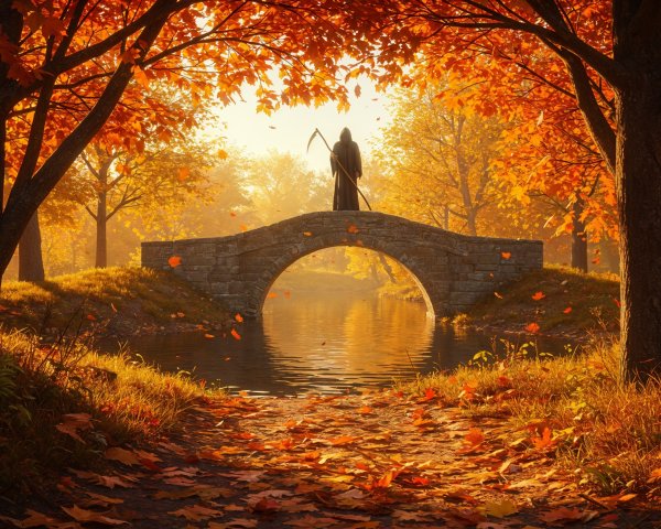 Autumn Scene with Stone Bridge and Cloaked Figure