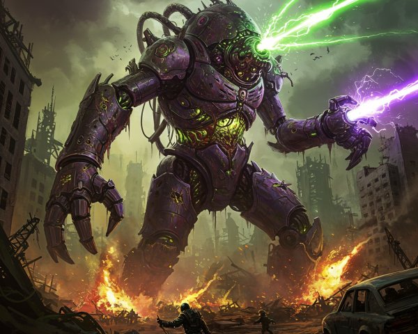 Colossal Robot Overlooks Post-Apocalyptic City Ruins